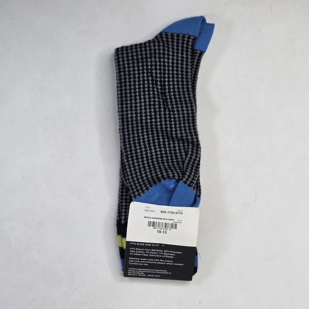 J.Ferrar Mens Dress Socks Black Grey Micro Diamond Bamboo Blend Size 10-13 NEW